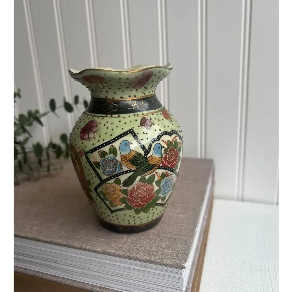 Vintage Aris Import Blue Bird Motif Asian-Inspired Floral Vase | 5